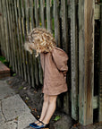 Caramel Linen Tunic Dress, 4-5 years, Two white flowers embroidery (STOCK)
