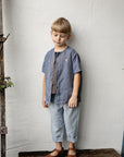 Dusty Blue Short Sleeve Classic Linen Shirt, Size 5-6 years, Wizard rabbit & shooting star embroidery