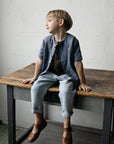 Dusty Blue Short Sleeve Classic Linen Shirt, Size 5-6 years, Wizard rabbit & shooting star embroidery