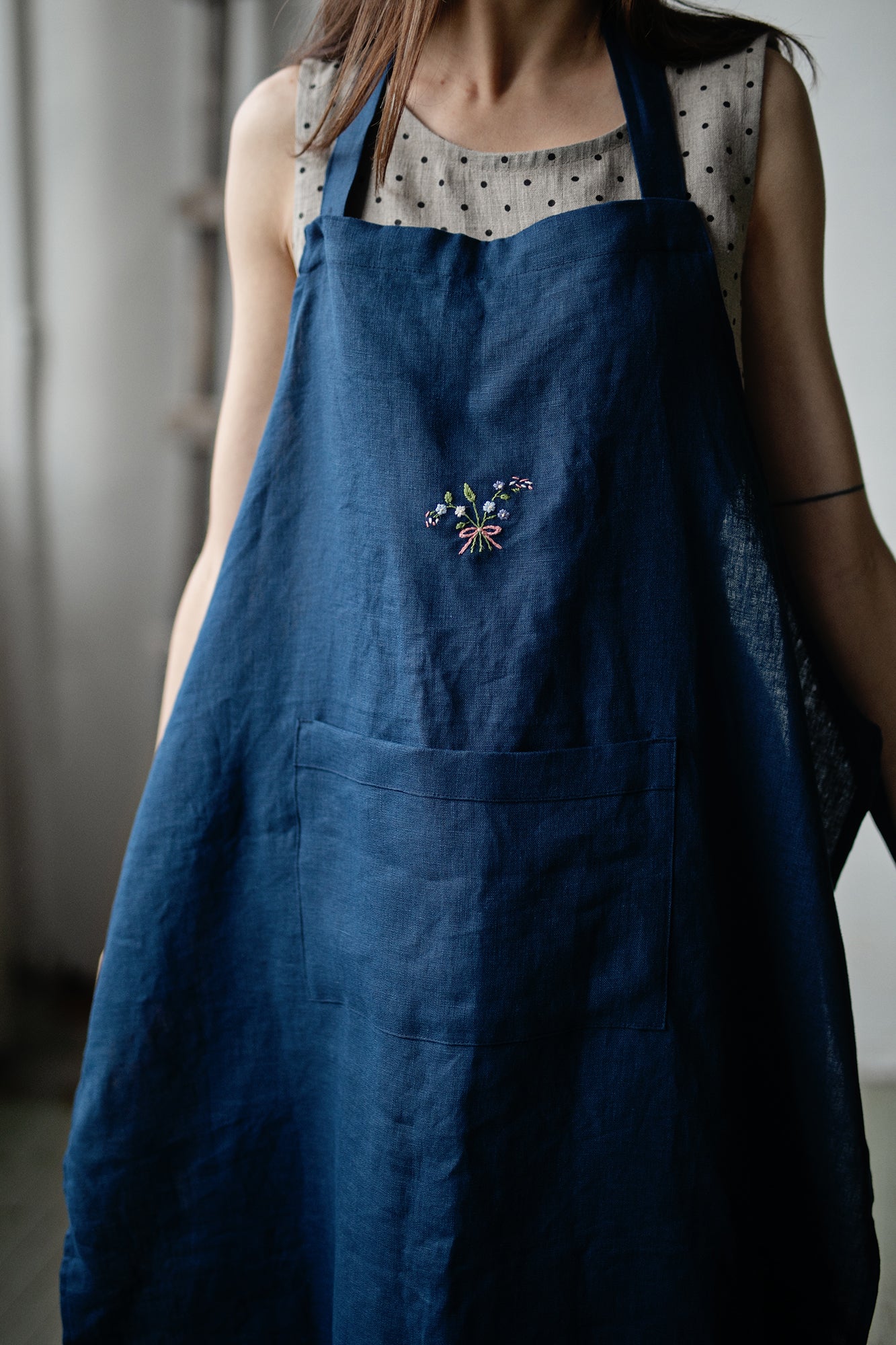 Navy Blue Traditional Linen Apron