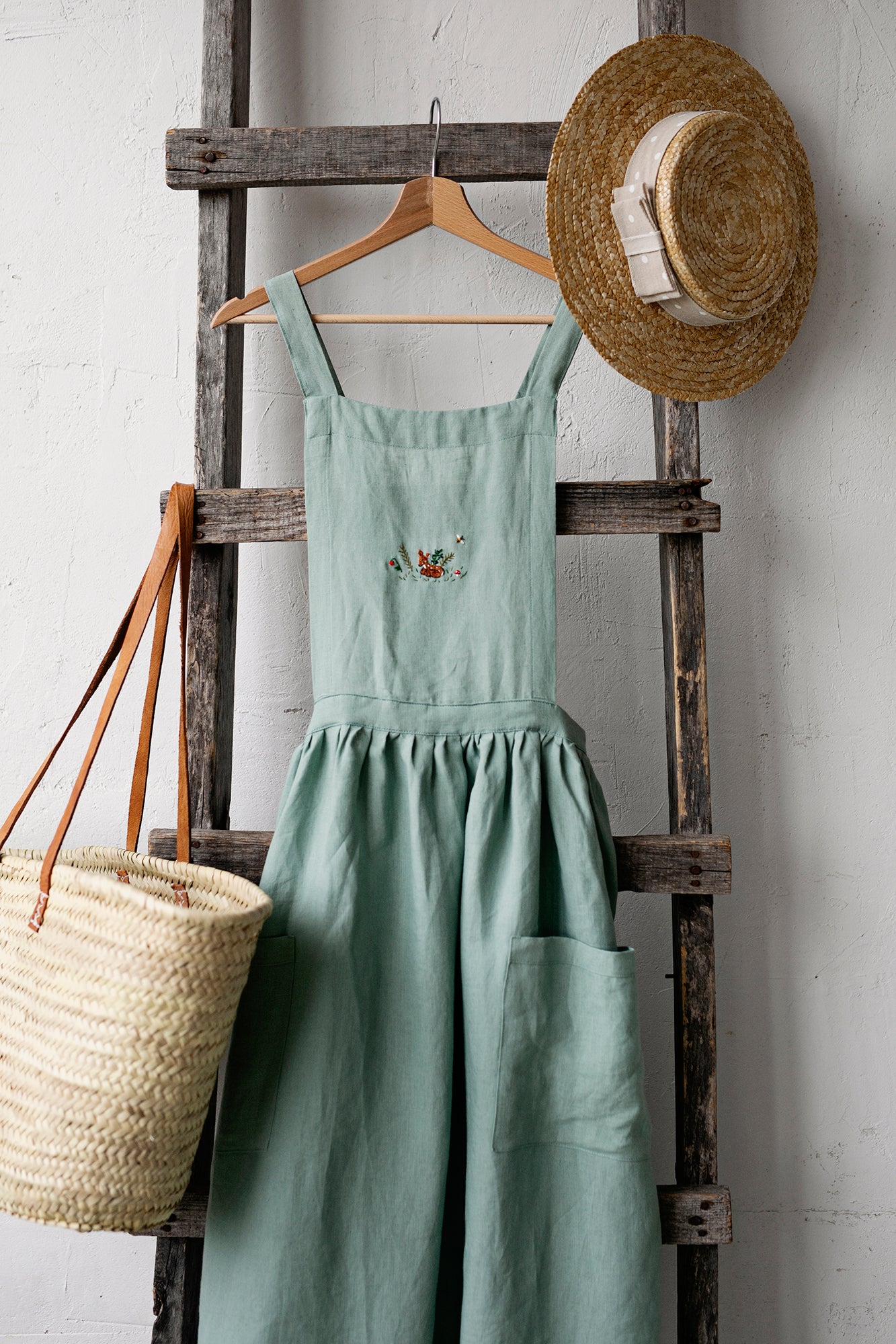 Mint Long Cross Back Linen Pinafore