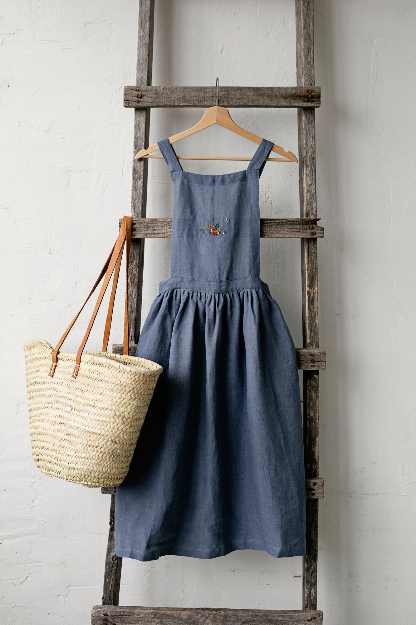Dusty Blue Midi Cross Back Linen Pinafore