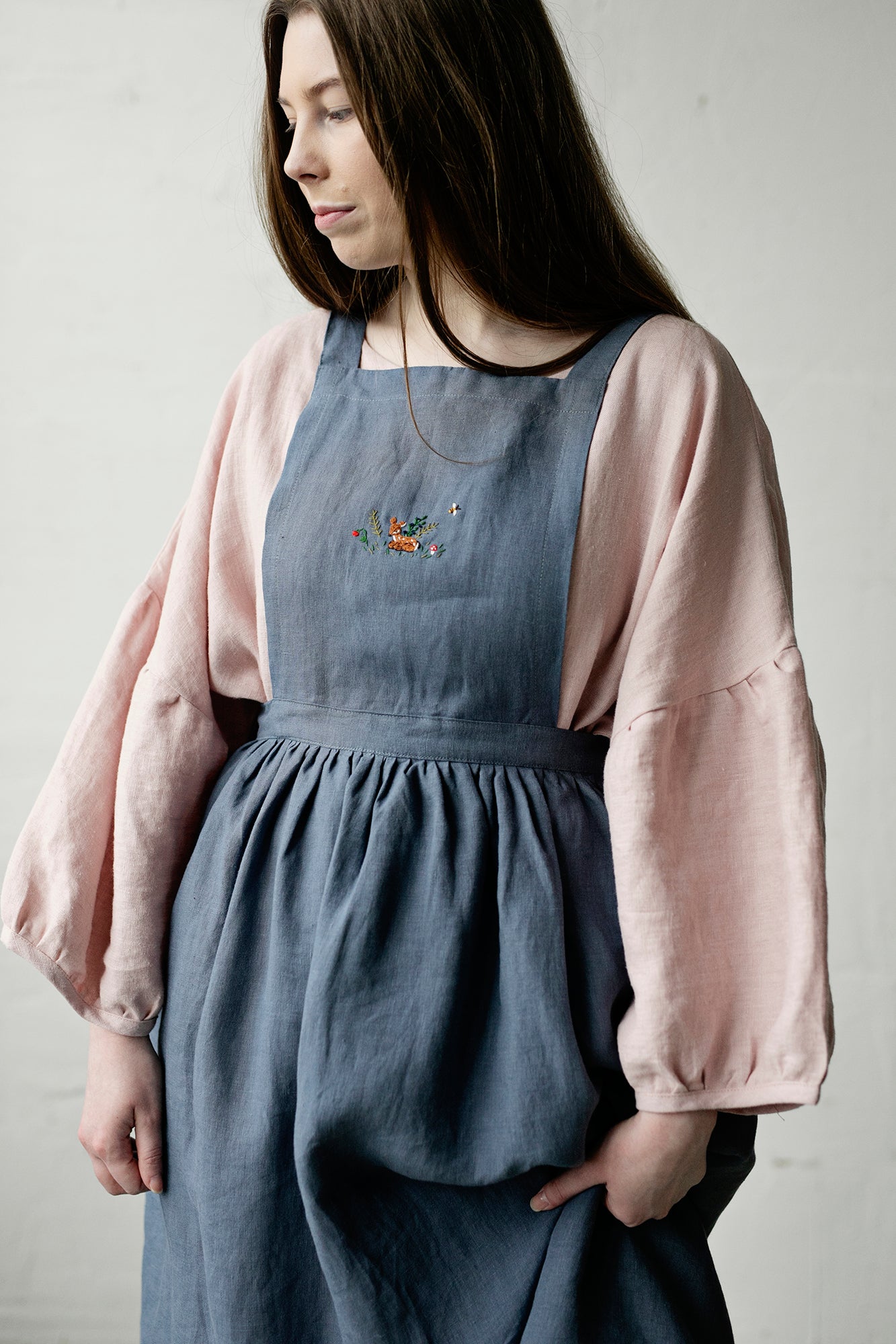 Dusty Blue Midi Cross Back Linen Pinafore