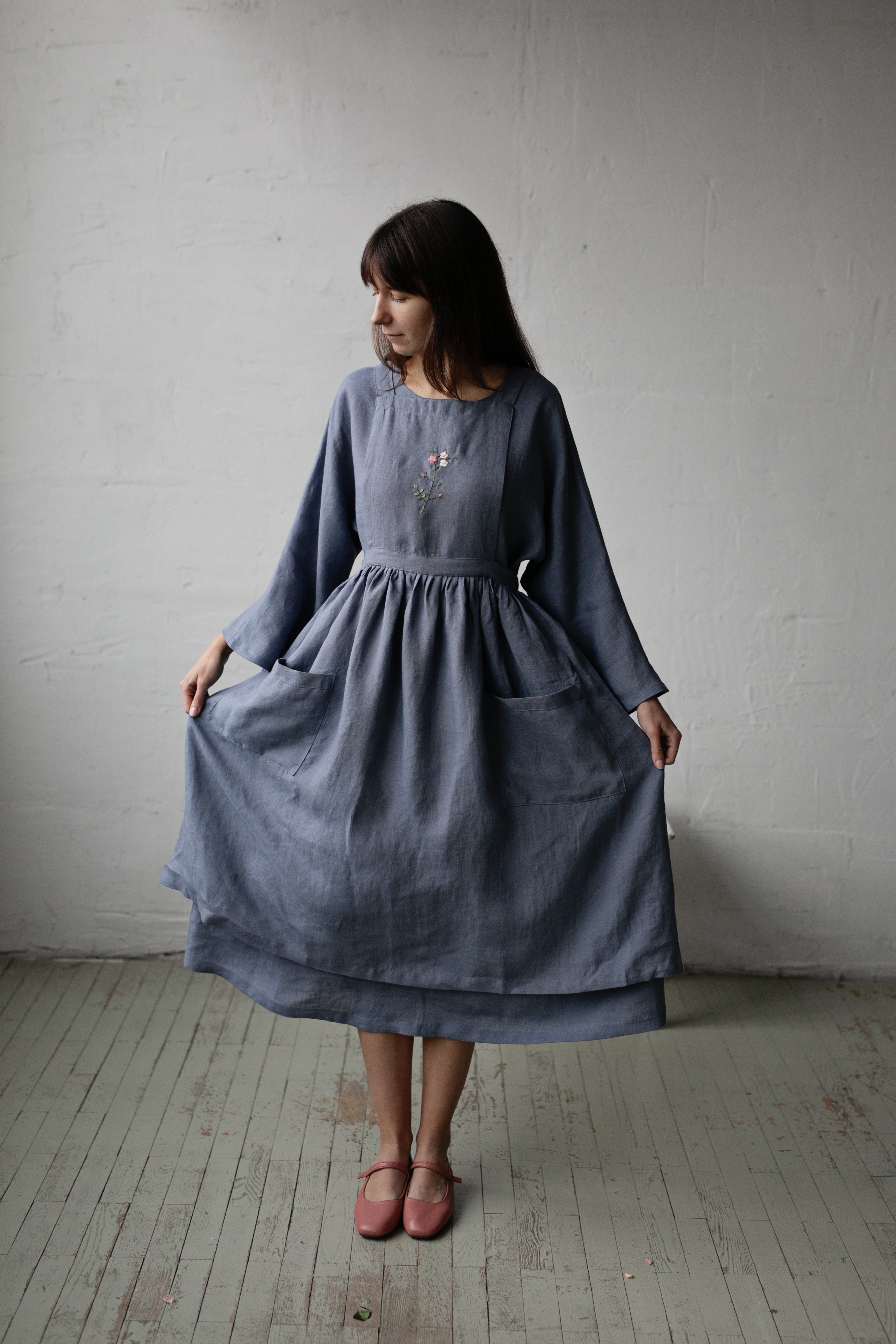 Dusty Blue Midi Cross Back Linen Pinafore  allthebeautifullinen