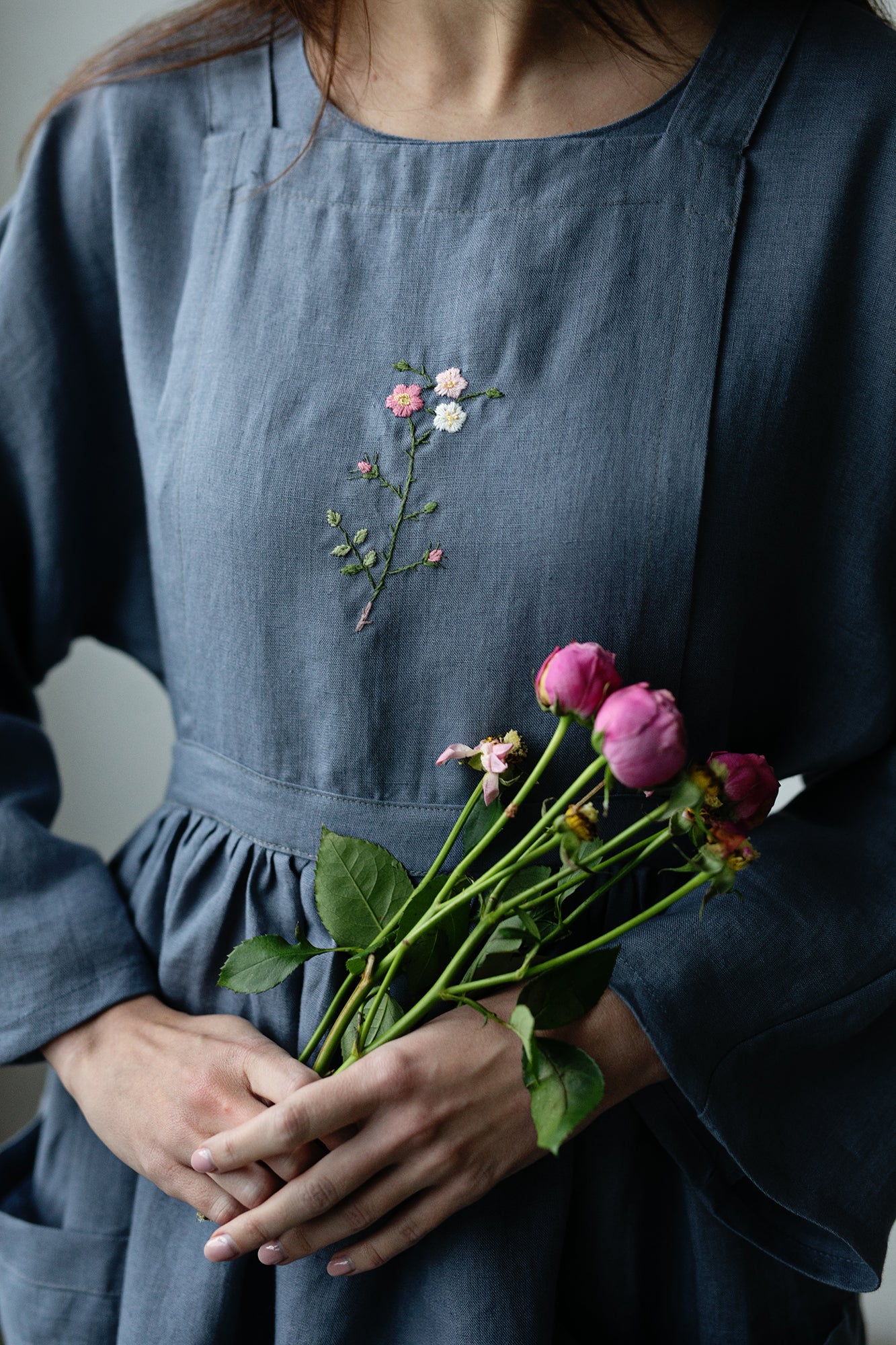 Dusty Blue Midi Cross Back Linen Pinafore