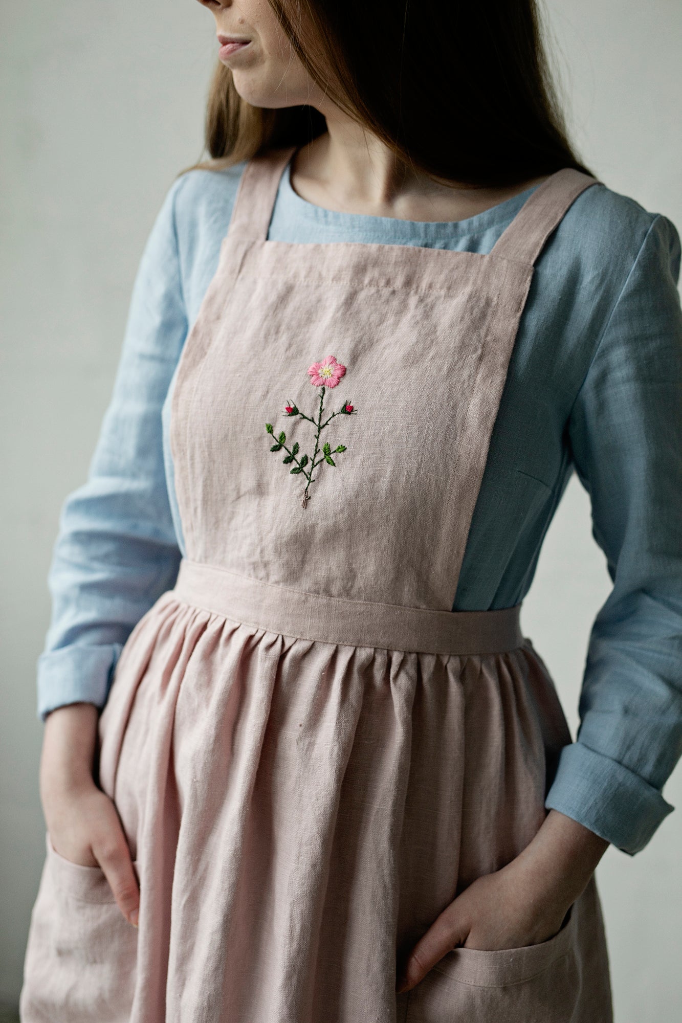 Baby Pink Midi Cross Back Linen Pinafore allthebeautifullinen Baby Pink Midi Cross Back Linen Pinafore allthebeautifullinen