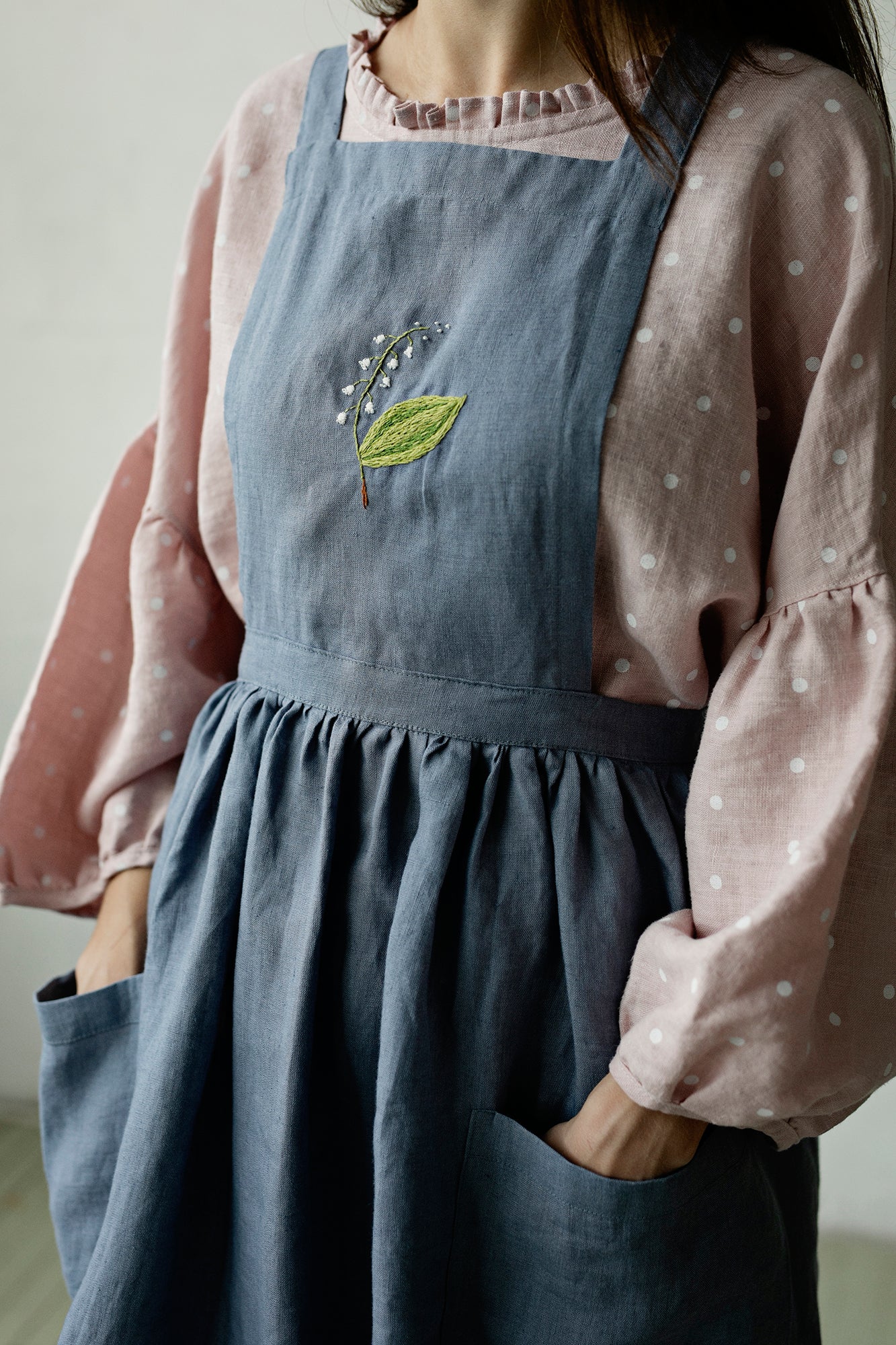 Dusty Blue Midi Cross Back Linen Pinafore