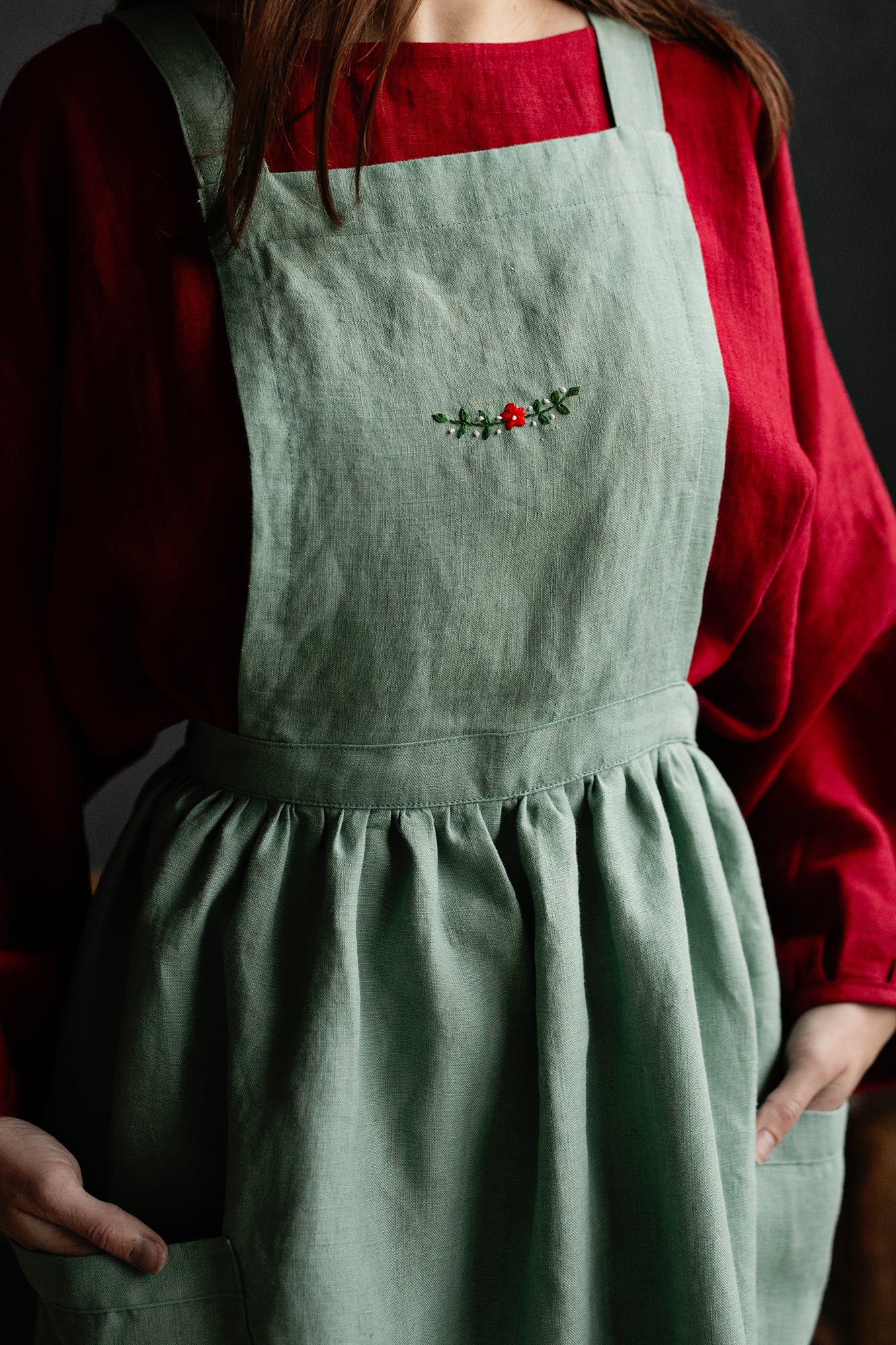 Mint Christmas Midi Cross Back Linen Pinafore