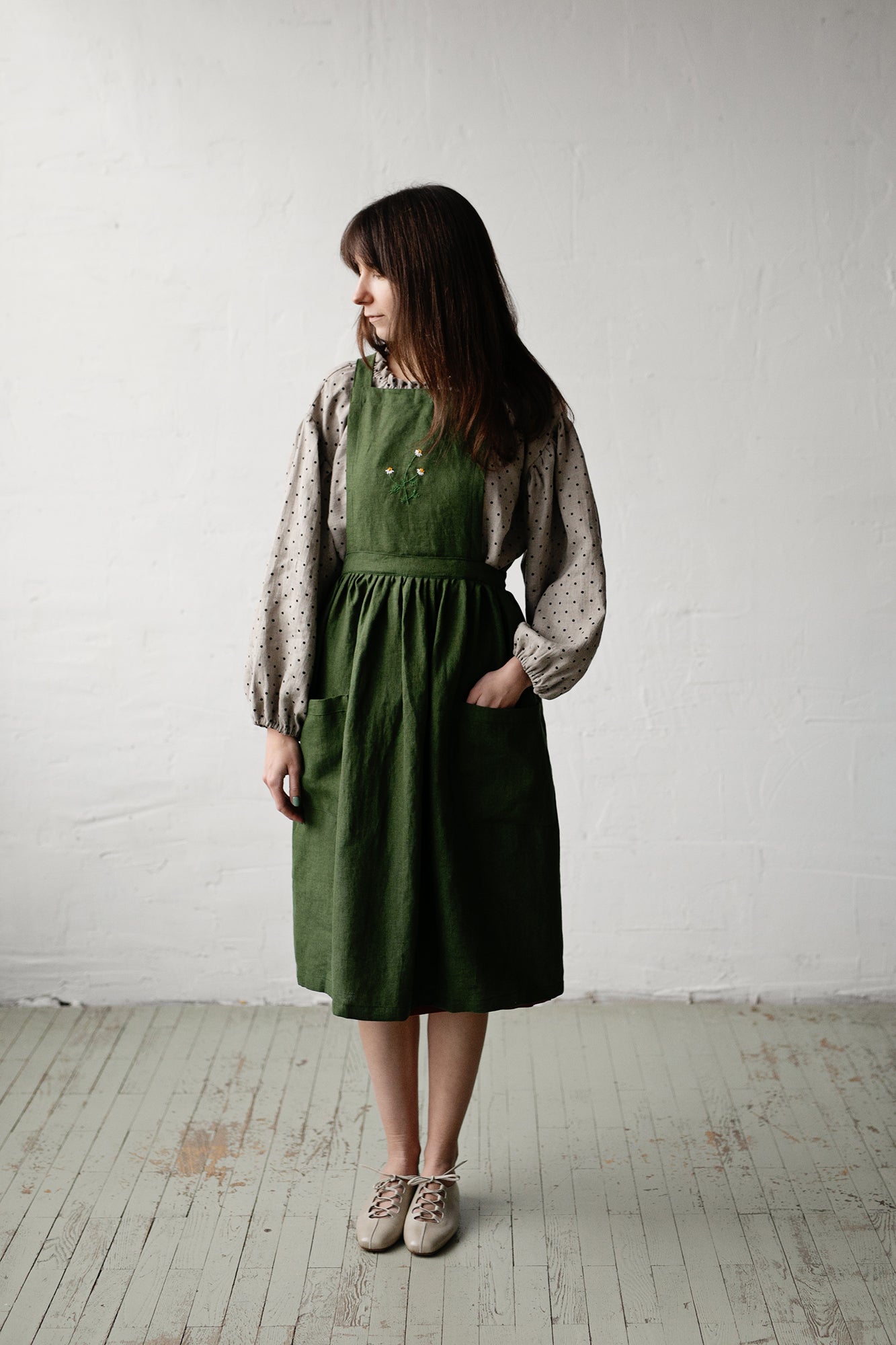 Forest Green Midi Cross Back Linen Pinafore