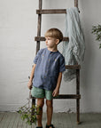 Dusty Blue Short Sleeve Classic Linen Shirt, Size 5-6 years, Wizard rabbit & shooting star embroidery