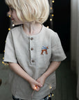 Natural Short Sleeve Button Linen Shirt, 3-4 years, Bambi embroidery (STOCK)