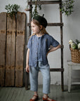 Dusty Blue Short Sleeve Classic Linen Shirt, Size 5-6 years, Wizard rabbit & shooting star embroidery