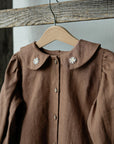 Caramel Linen Tunic Dress, 4-5 years, Two white flowers embroidery (STOCK)