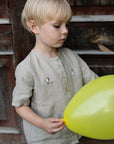 Natural Short Sleeve Classic Linen Shirt, Size 4-5 years, Dalmatian & hot air balloon embroidery