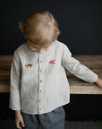 Natural Long Sleeve Classic Linen Shirt, Size 4-5 years, Running fox & rabbit embroidery (STOCK)
