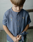 Dusty Blue Short Sleeve Classic Linen Shirt, Size 5-6 years, Wizard rabbit & shooting star embroidery