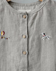 Natural Short Sleeve Classic Linen Shirt, Size 4-5 years, Dalmatian & hot air balloon embroidery