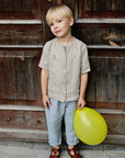 Natural Short Sleeve Classic Linen Shirt, Size 4-5 years, Dalmatian & hot air balloon embroidery