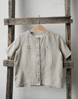 Natural Short Sleeve Classic Linen Shirt, Size 4-5 years, Dalmatian & hot air balloon embroidery