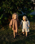 Caramel Linen Tunic Dress, 4-5 years, Two white flowers embroidery (STOCK)