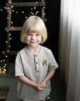 Natural Short Sleeve Button Linen Shirt, 3-4 years, Bambi embroidery (STOCK)