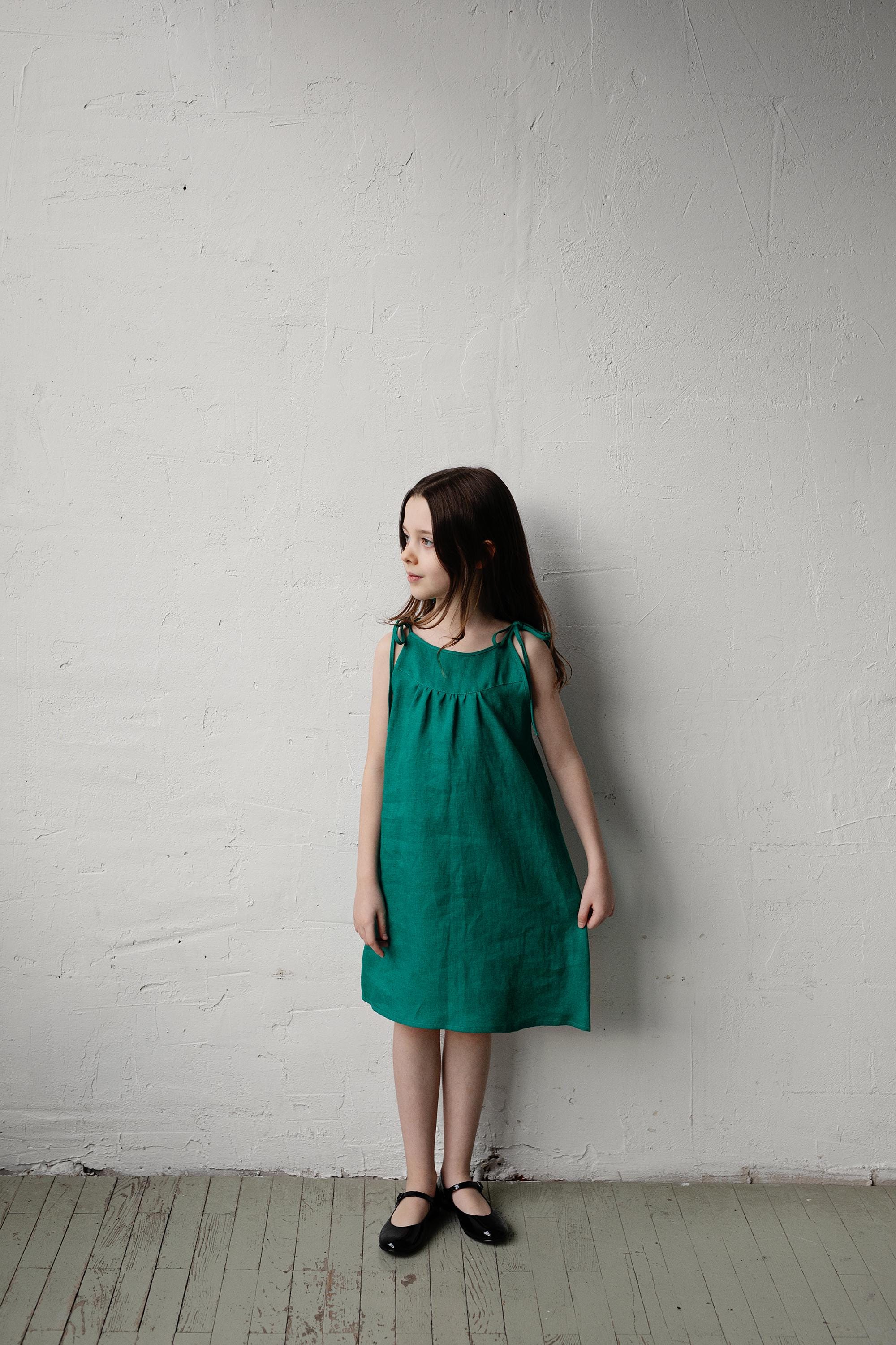 knee length dresses for ladies JANET Linen Button Front Dress in Emerald main image 1