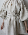 Cream Gingham Parachute Linen Tunic, 7-8 years, Teddy bear embroidery (STOCK)