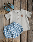 Natural Short Sleeve Button Linen Shirt, 3-4 years, Bambi embroidery (STOCK)