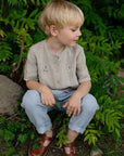 Natural Short Sleeve Classic Linen Shirt, Size 4-5 years, Dalmatian & hot air balloon embroidery