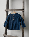 Navy Blue Long Sleeve Button Linen Shirt, Size 3-4 years