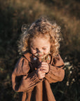 Caramel Linen Tunic Dress, 4-5 years, Two white flowers embroidery (STOCK)