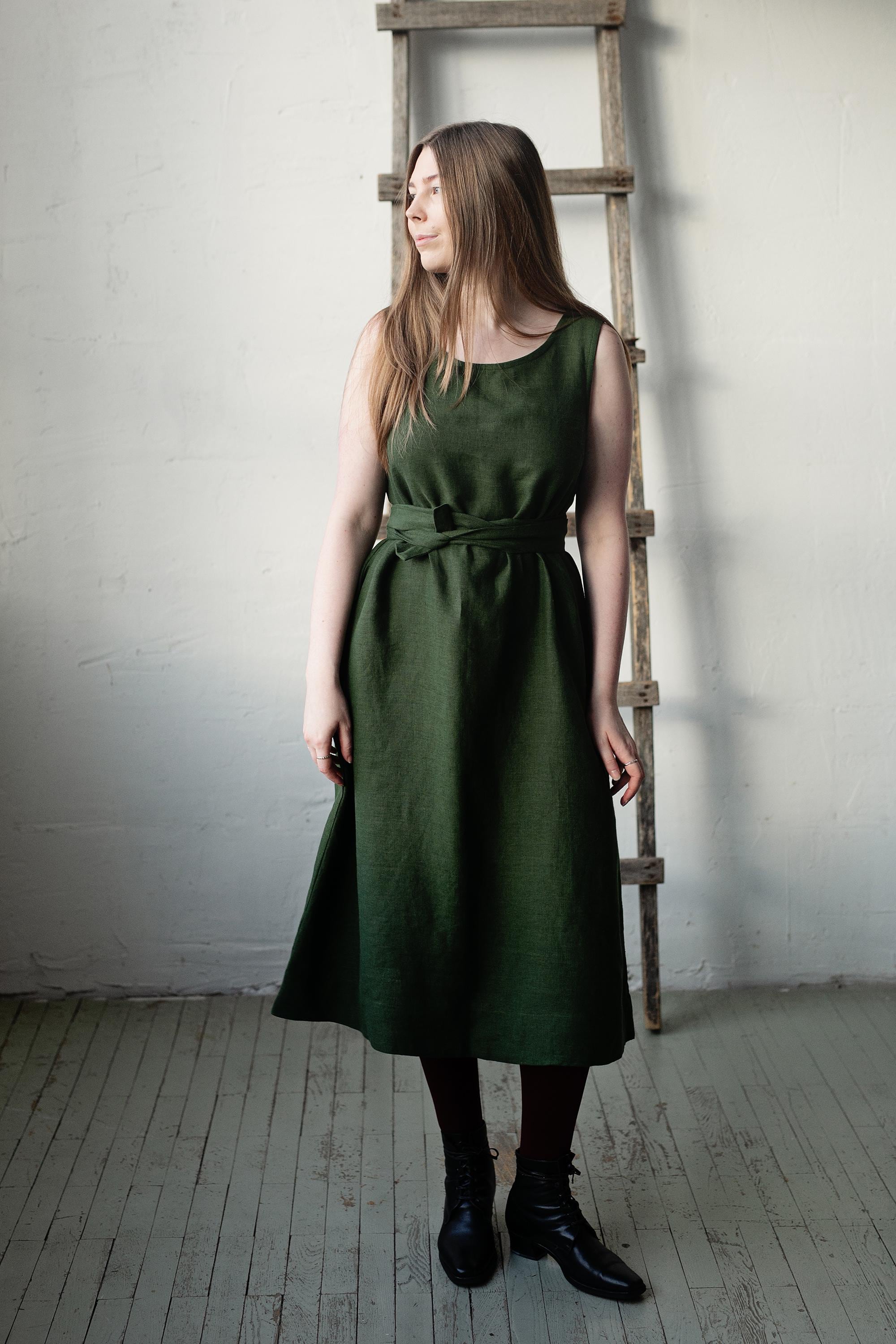 Forest Green Sleeveless Linen Dress allthebeautifullinen Forest Green Sleeveless Linen Dress allthebeautifullinen