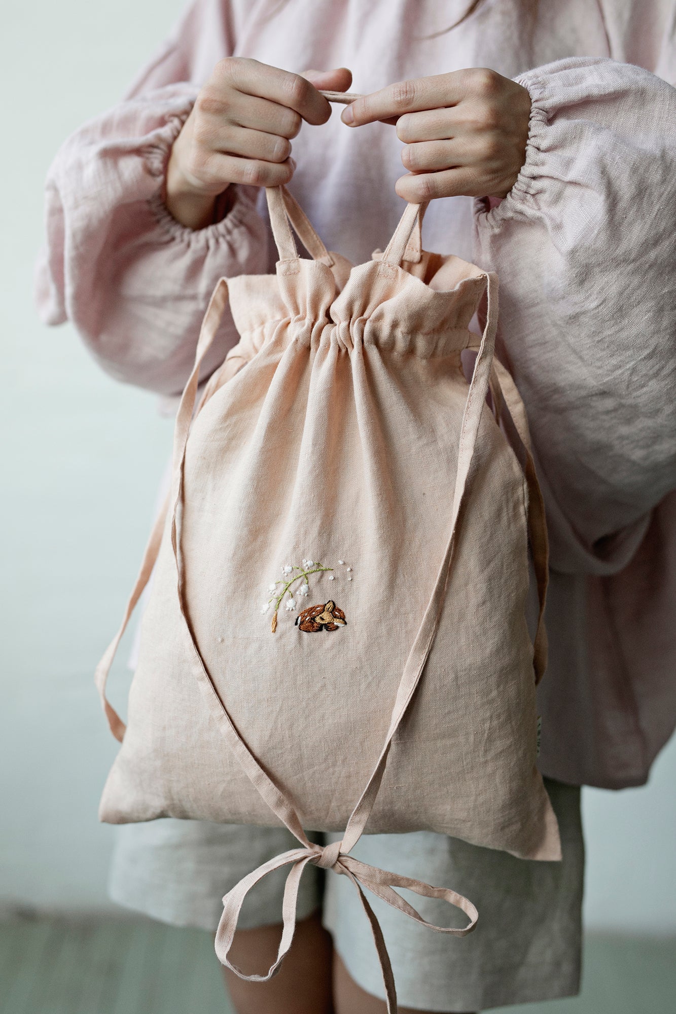 Fawn and Lily of the Valley Crossbody Linen Bag with Handles