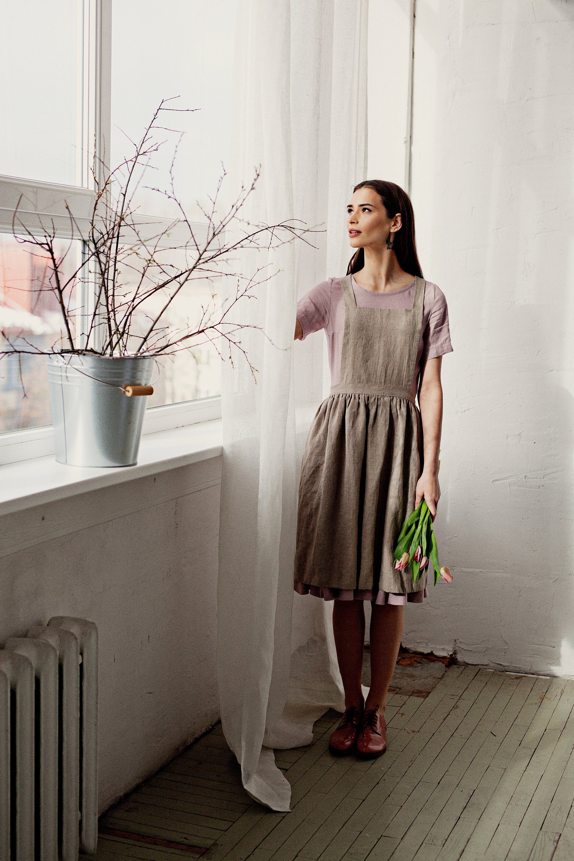 Natural Midi Cross Back Linen Pinafore