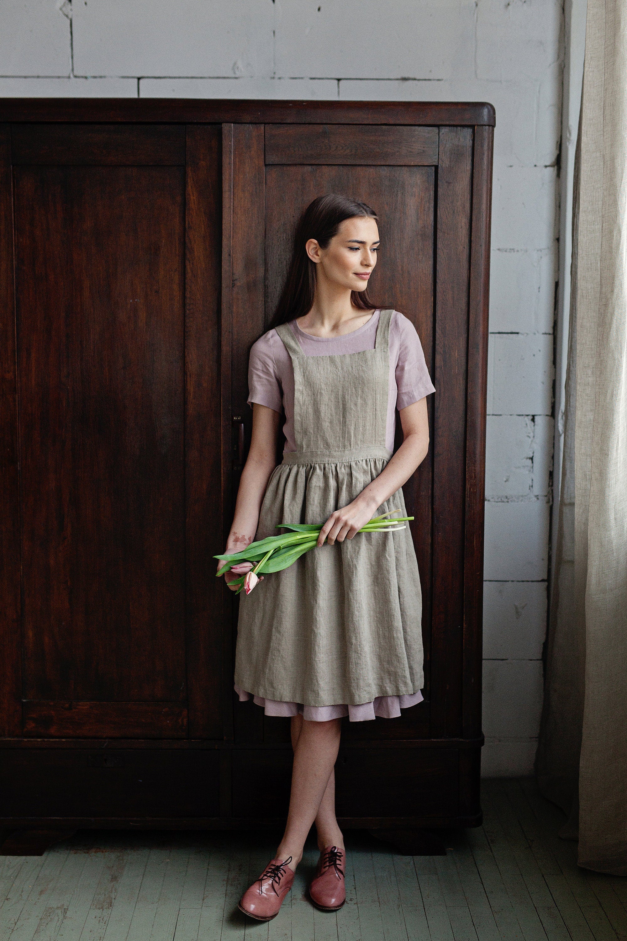 Natural Midi Cross Back Linen Pinafore