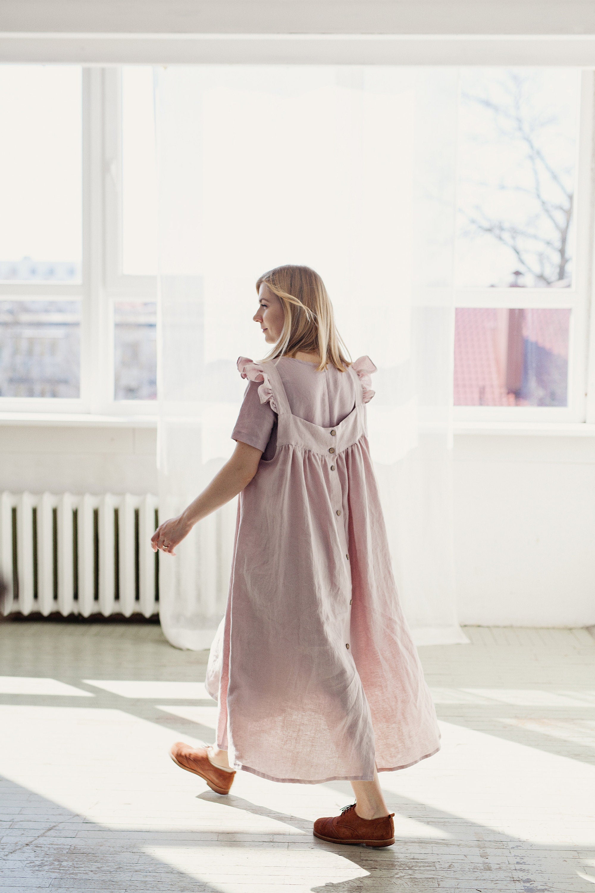 chinese dress ladies Baby Pink Linen Prairie Dress – allthebeautifullinen