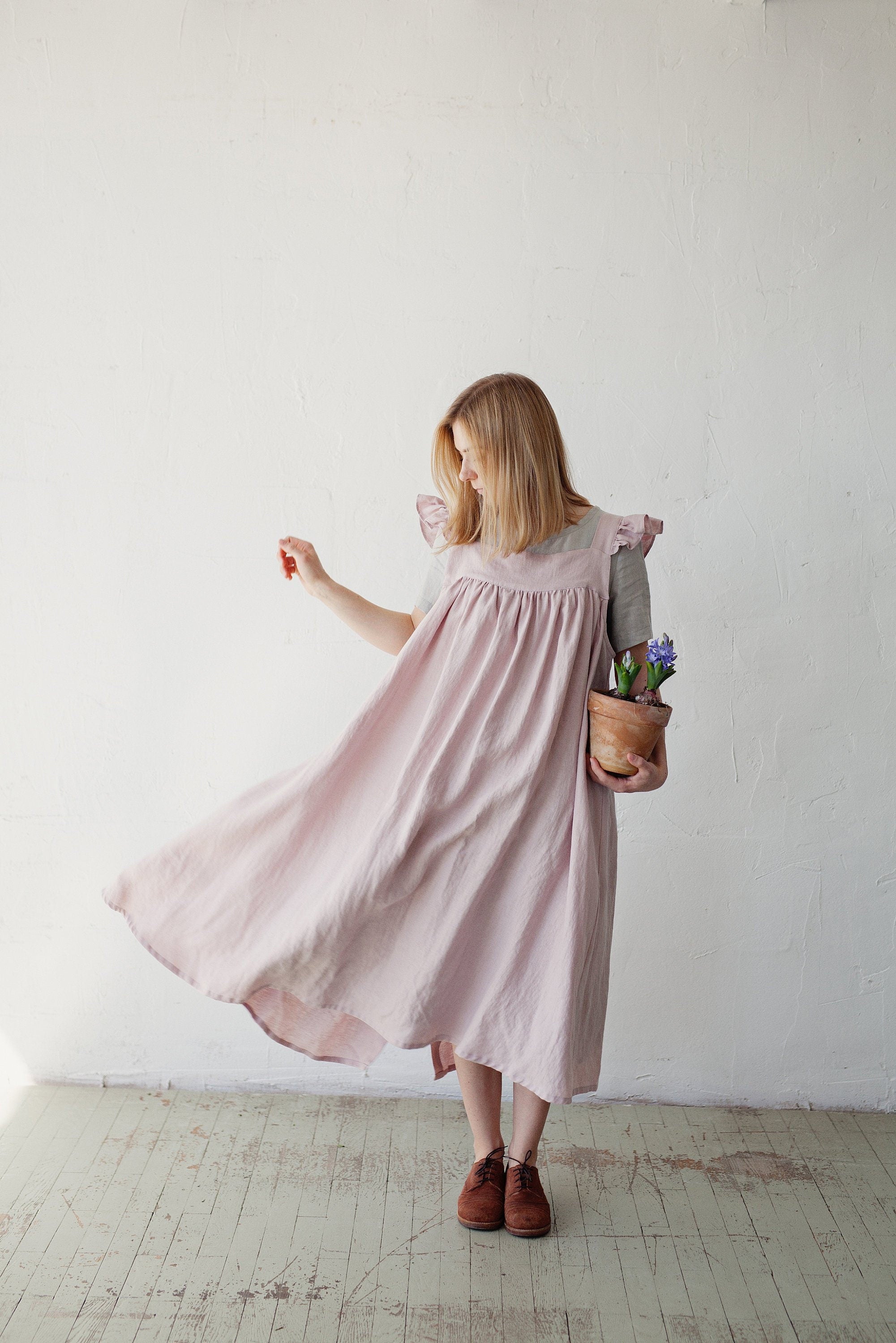Baby Pink Linen Prairie Dress allthebeautifullinen Baby Pink Linen Prairie Dress allthebeautifullinen