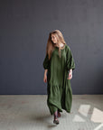 Forest Green Ruffle Kimono Linen Dress