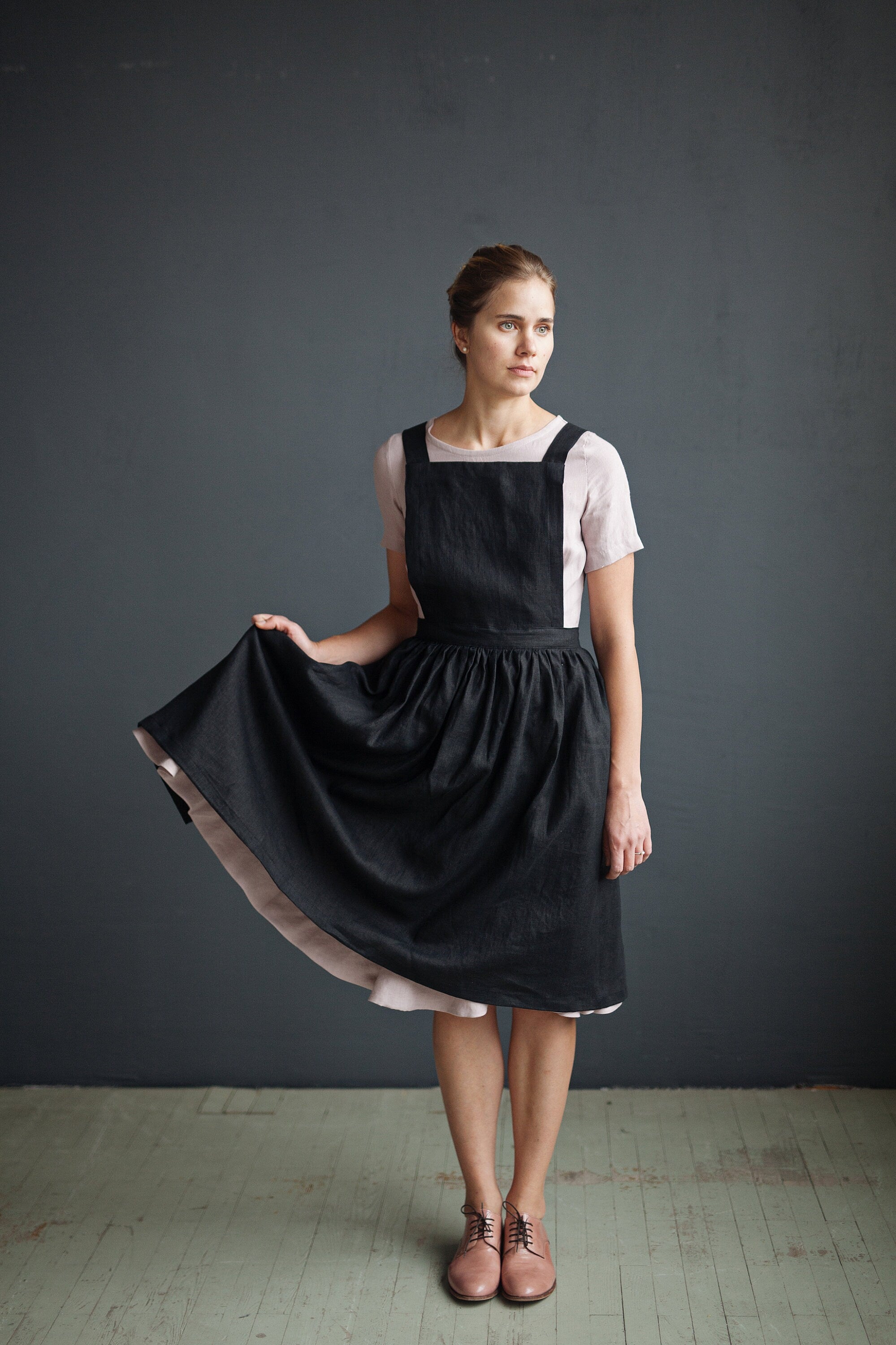 Black Midi Cross Back Linen Pinafore