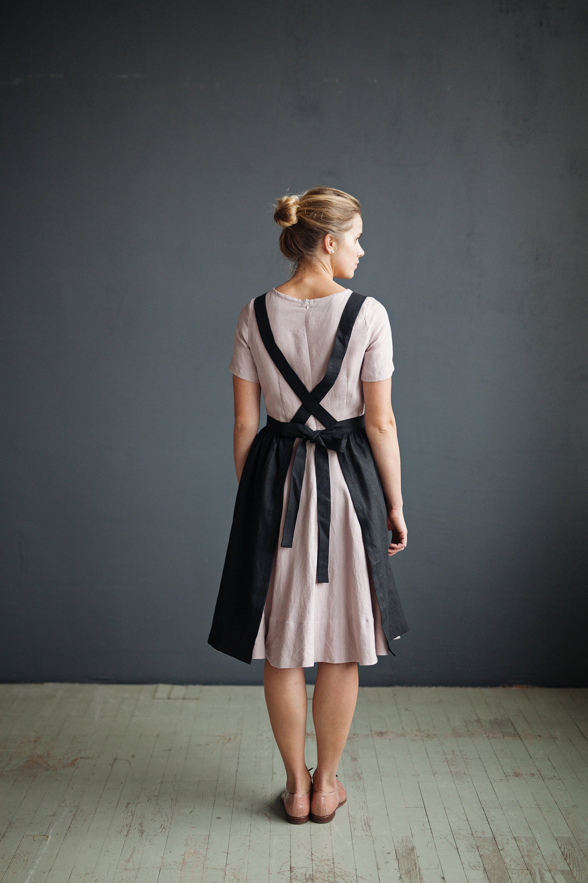 Black Midi Cross Back Linen Pinafore
