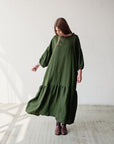 Forest Green Ruffle Kimono Linen Dress