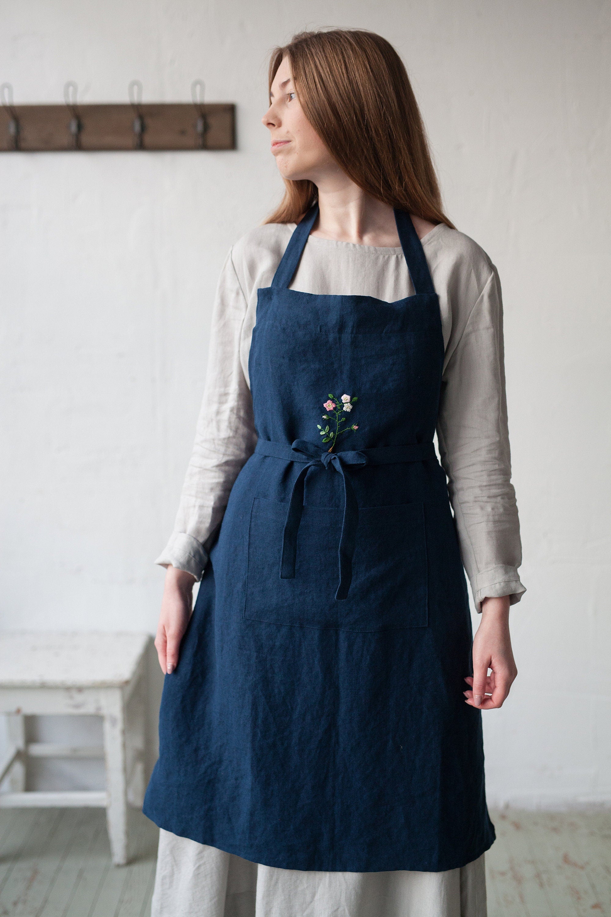 Navy Blue Traditional Linen Apron
