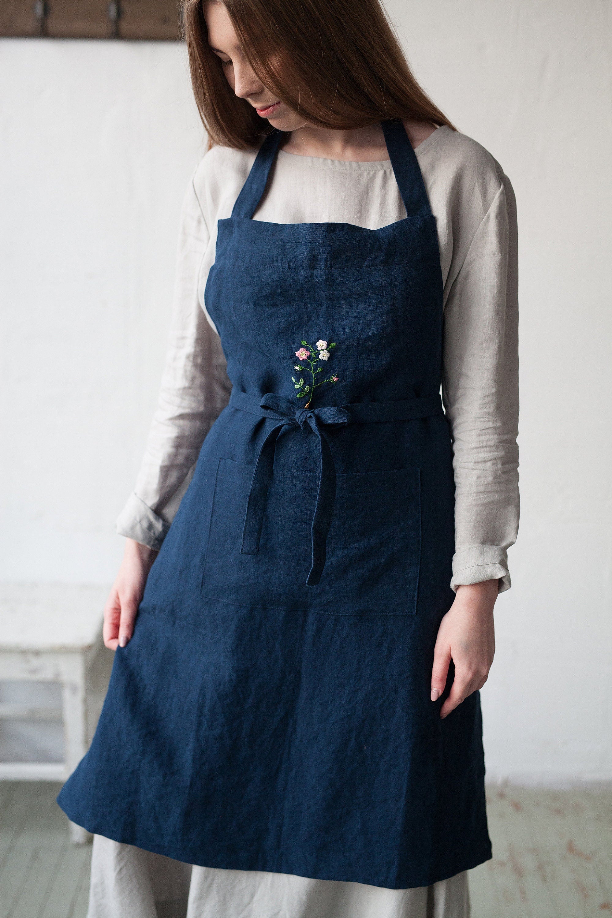 Navy Blue Traditional Linen Apron