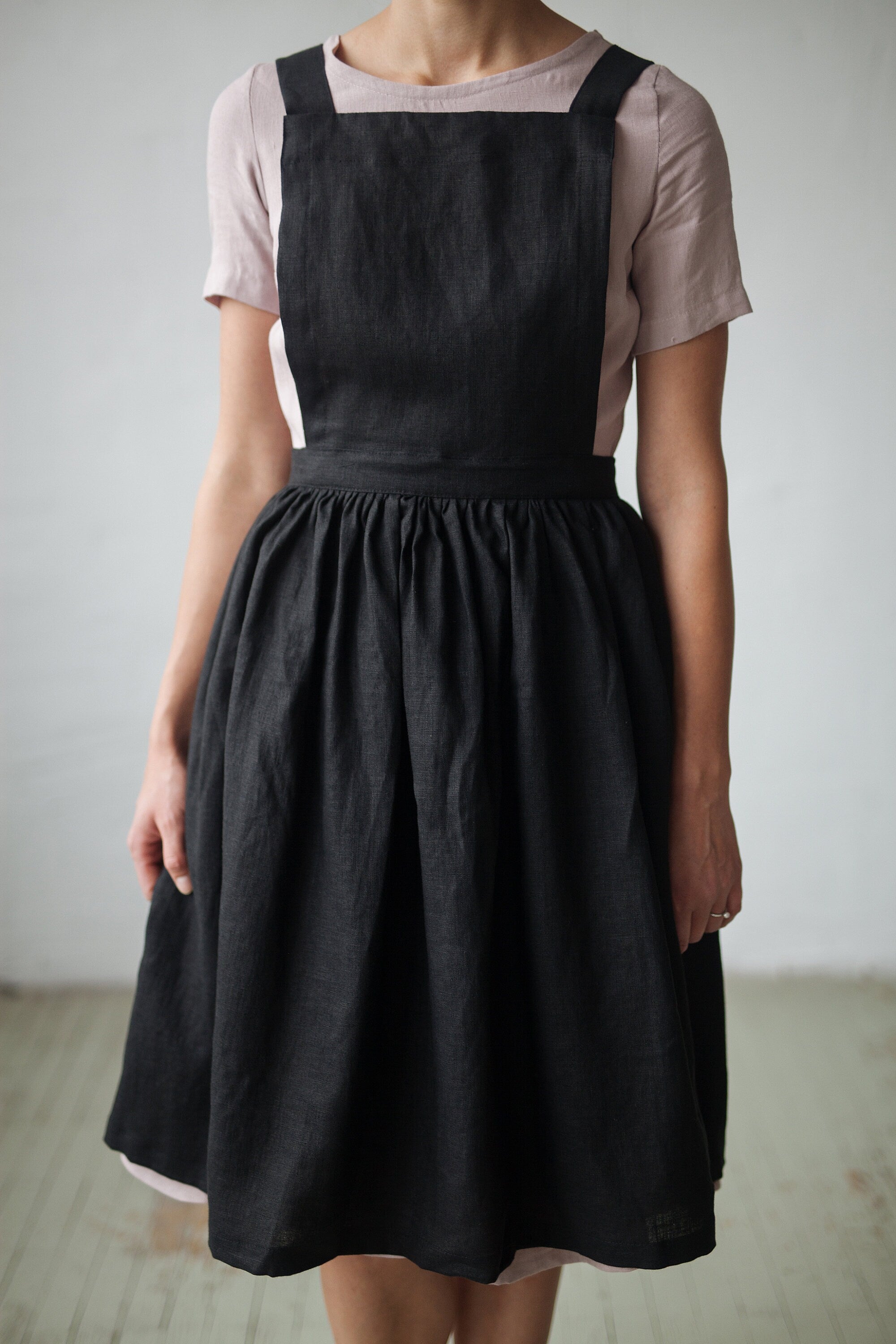 Black Midi Cross Back Linen Pinafore