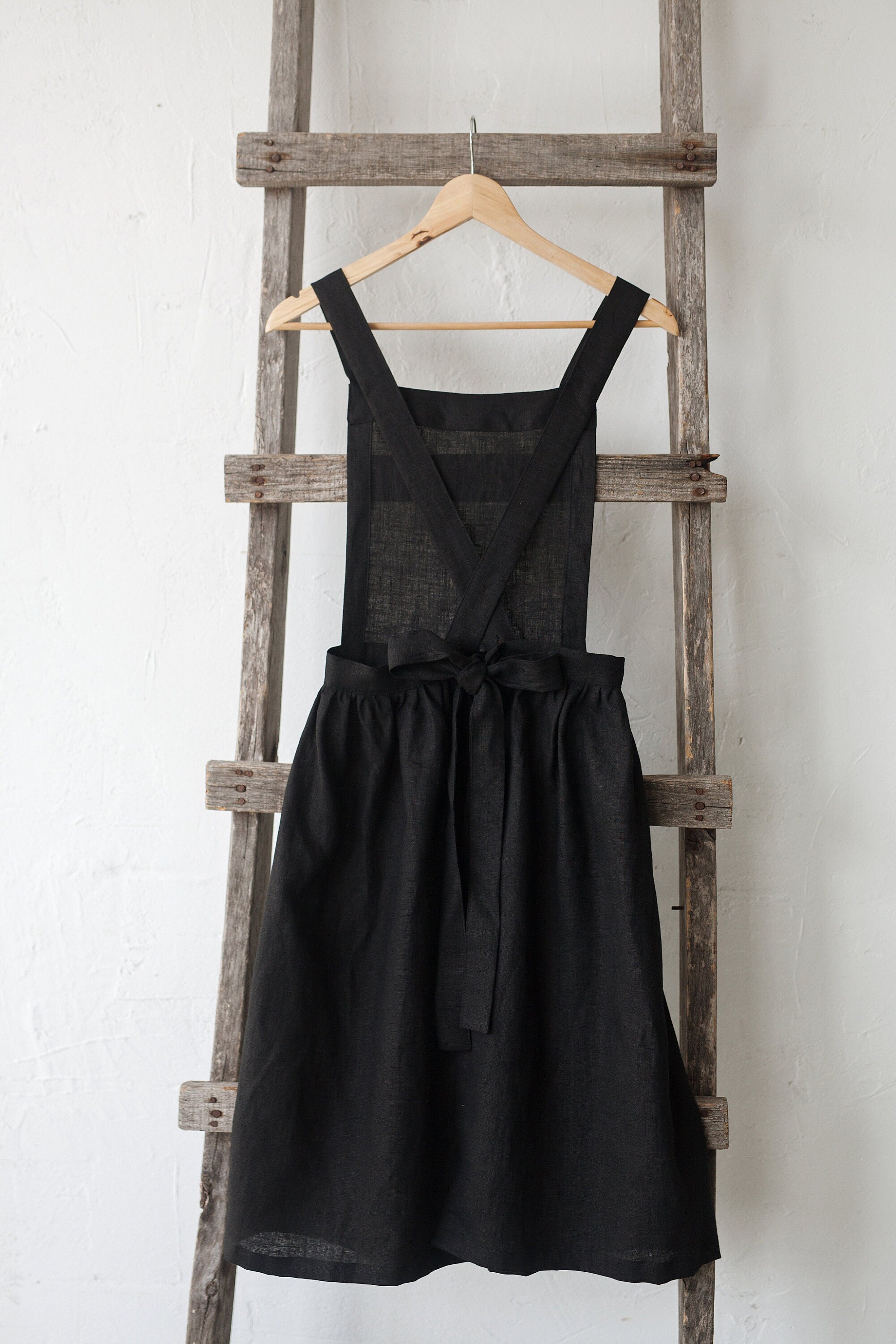 Black Midi Cross Back Linen Pinafore