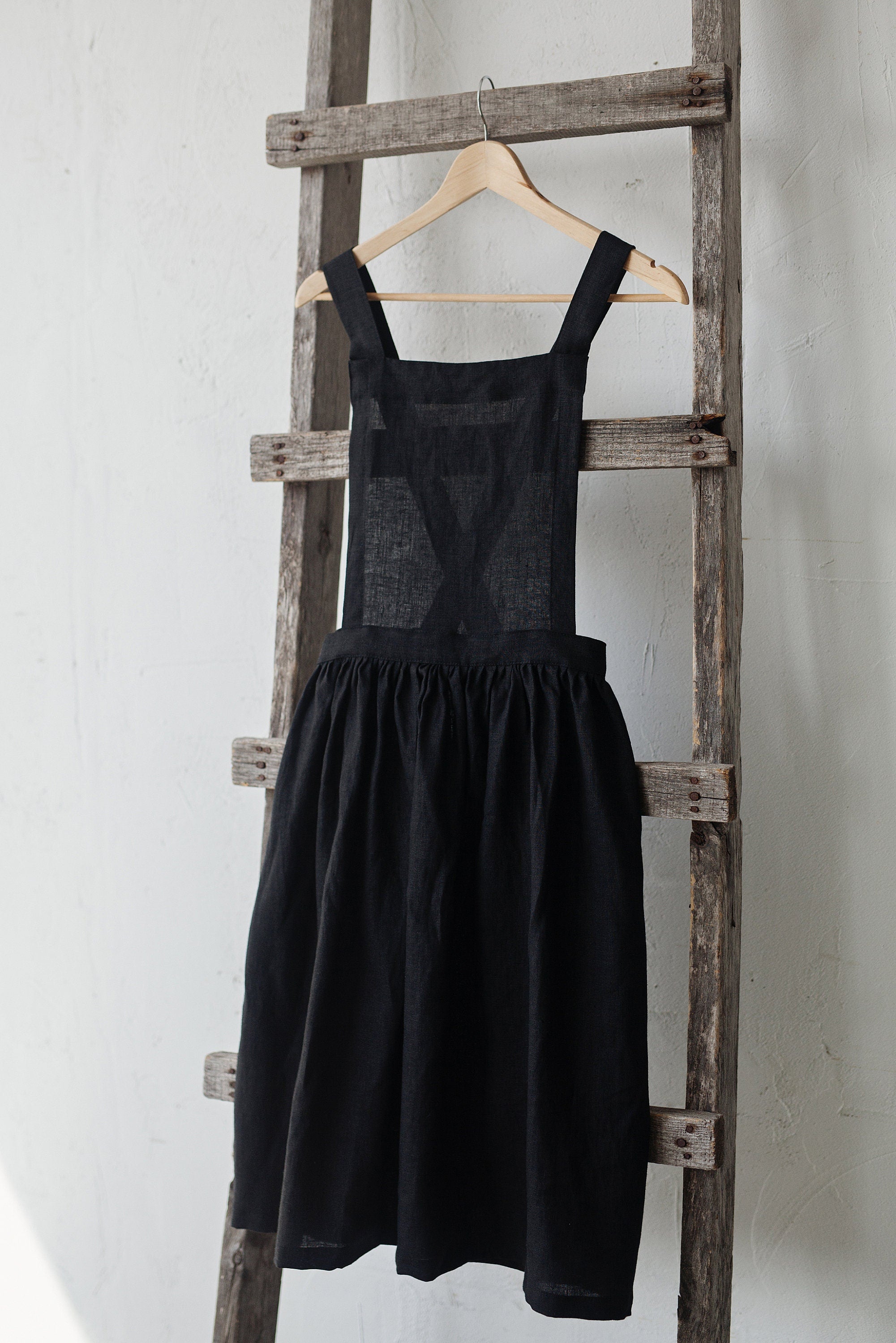 Black Midi Cross Back Linen Pinafore
