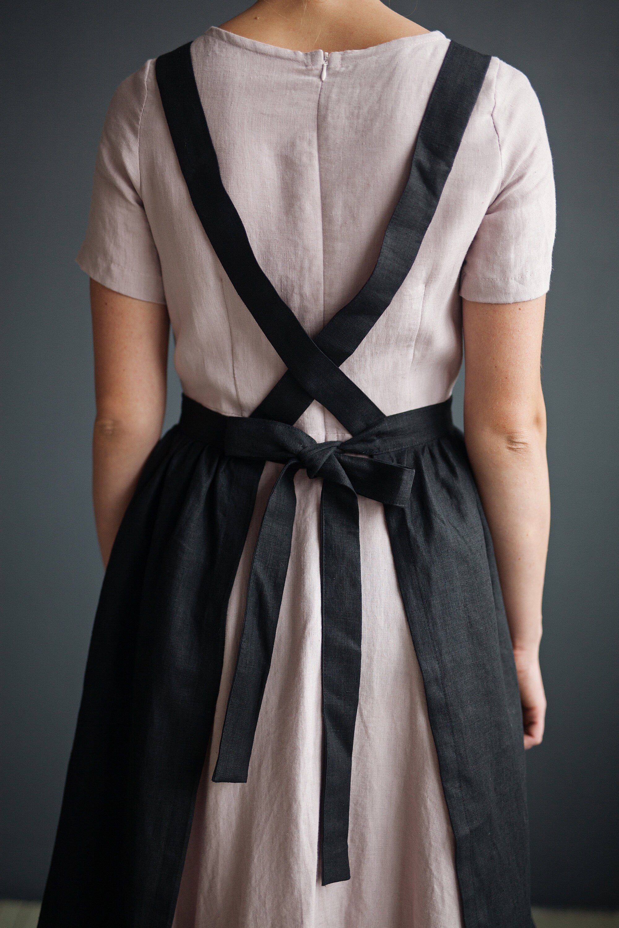 Black Midi Cross Back Linen Pinafore