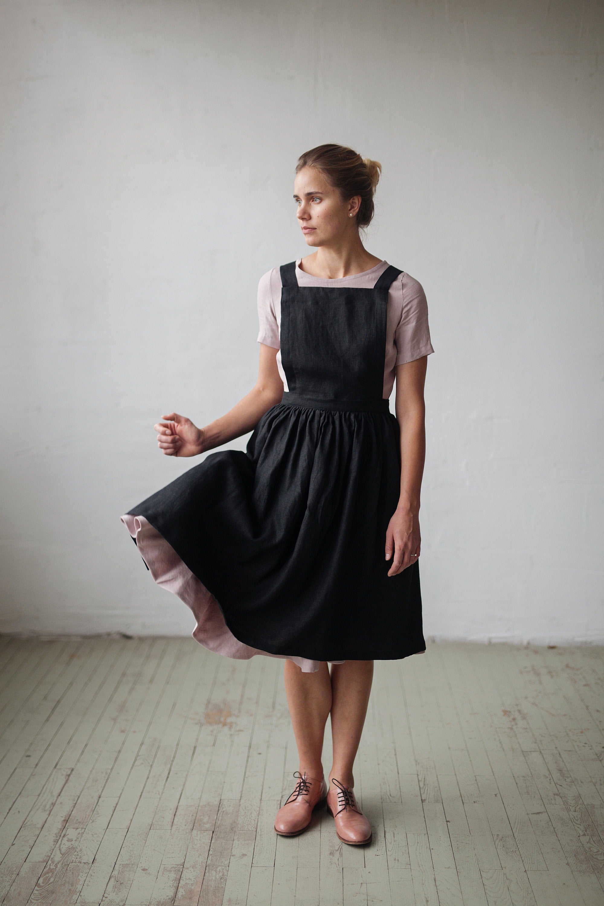 Black Midi Cross Back Linen Pinafore