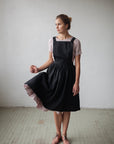 Black Midi Cross Back Linen Pinafore
