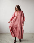 Salmon Ruffle Kimono Linen Dress